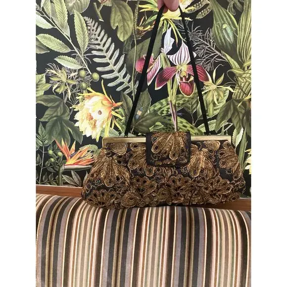 Santi Beaded Clutch Evening Bag Satin + Ornate Gold & Black Beading ~ Lovely - Picture 2 of 9